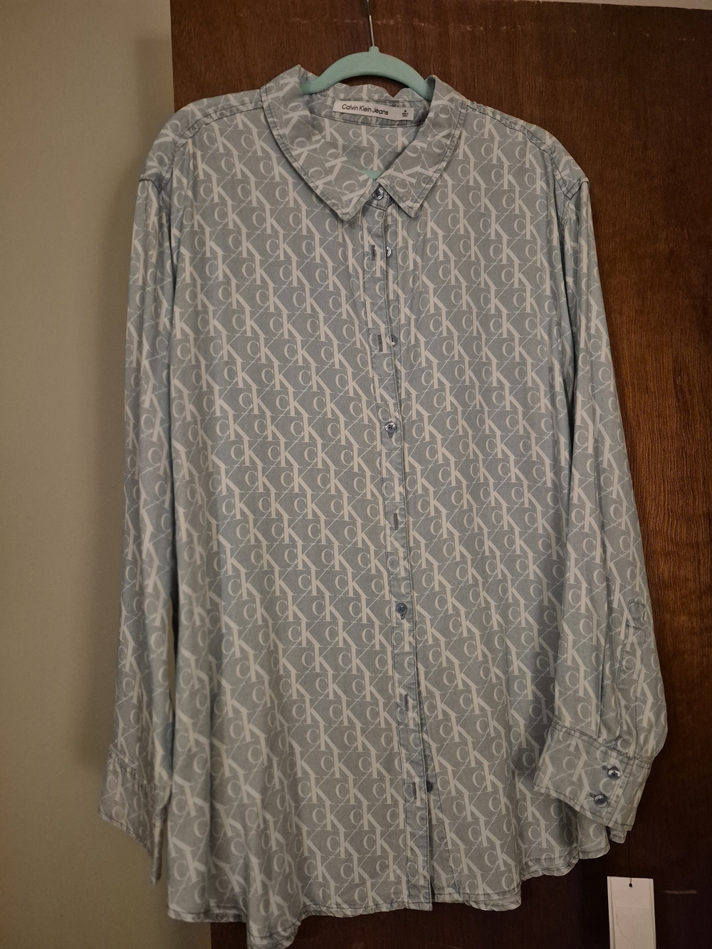 Calvin Klein Pale Blue All-Over CK Logo Button-Down Shirt